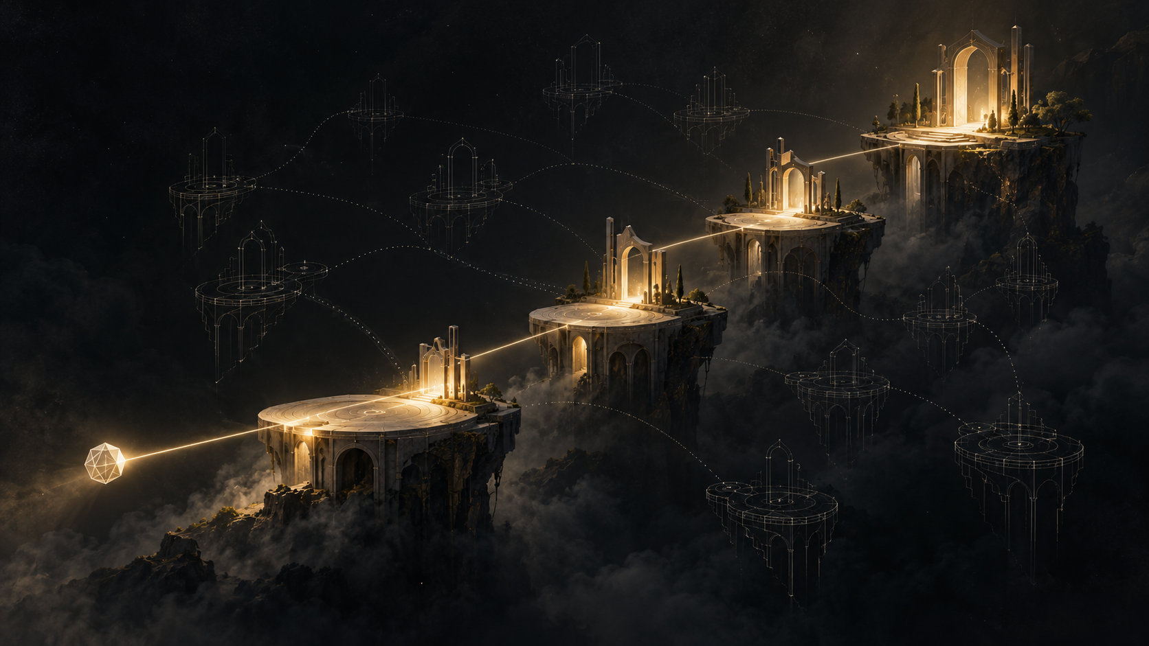 Gold illuminated stepping platforms crossing a dark void, with faint unrealized branch paths around the main route.